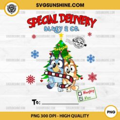 Christmas Special Delivery Bluey & Co PNG, Bluey Bingo Custom Christmas With Kid Names PNG