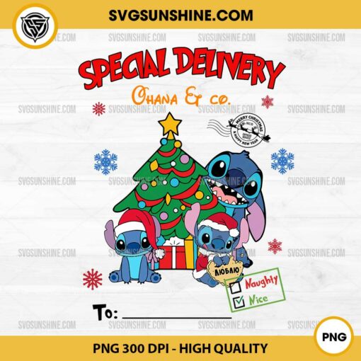 Christmas Special Delivery Ohana & Co PNG, Stitch Custom Christmas With Kid Names PNG