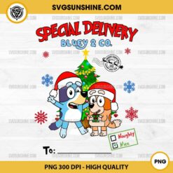 Personalized Bluey Bingo Christmas PNG File, Special Delivery Bluey & Co Christmas PNG