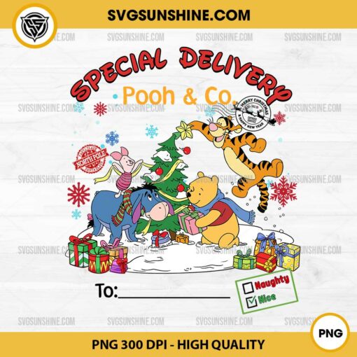 Special Delivery Pooh & Co PNG, Custom Winnie-the-Pooh Christmas With Kid Names PNG