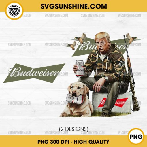 Hunting Trump With Budweiser Beer PNG, Trump With Dog Duck Waterfowl Hunting Camo PNG