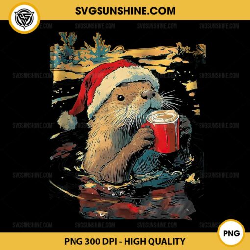 Christmas Otter Drinks Coffee PNG, Christmas Otter PNG