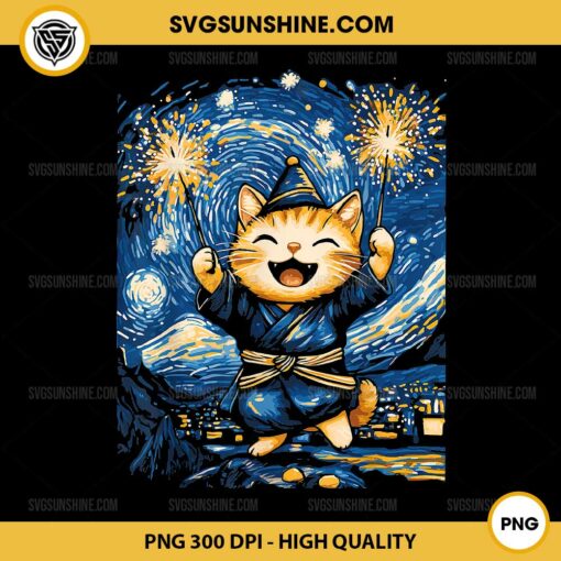 Cute Cat Starry Night PNG, Happy New Year PNG