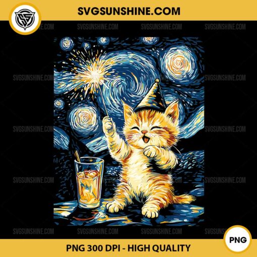 Happy New Year Cat Starry Night PNG, Cute Cat PNG