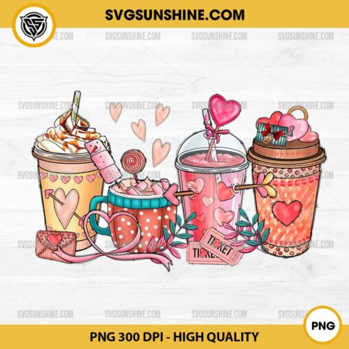 Foursome Of Valentine Drinks with Hearts And Candies PNG, Valentines Day Coffee PNG