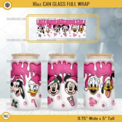 Pink Christmas Disney Characters 16oz Glass Can PNG