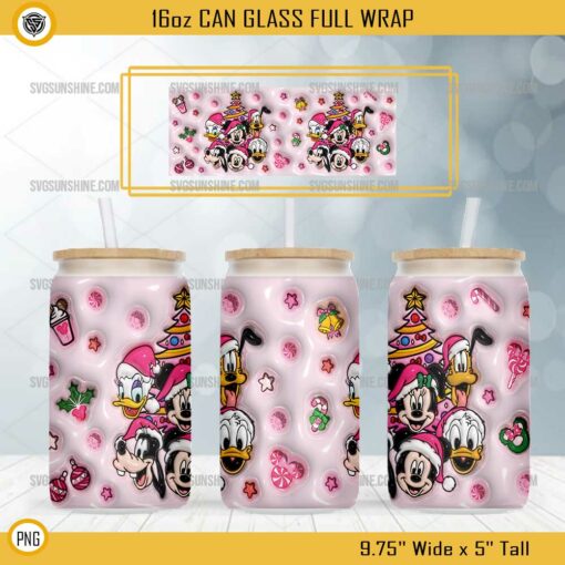 Pink Disney Characters Christmas 16oz Glass Can PNG