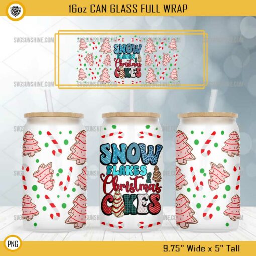 Snow Flakes and Christmas Cake 16oz Glass Can PNG, Christmas Tree Cake 16oz Glass Can PNG