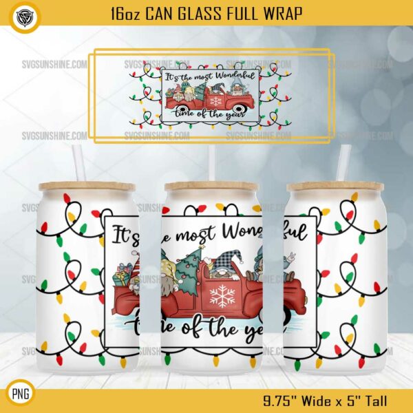 Christmas Lights And Truck 16oz Glass Can PNG, It's the Most Wonderful Time of the Year 16oz Glass Can Wrap PNG