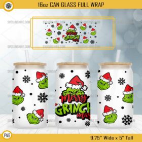 Grinch Face Merry Grinchmas Libbey 16oz Can Glass Full Wrap PNG