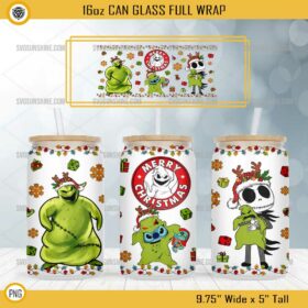 Merry Christmas Nightmare Characters 16oz Glass Can PNG, Jack Skellington And Oogie Boogie Christmas 16oz Glass Can PNG