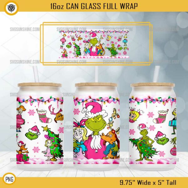 Pink Christmas Grinch And Friends 16oz Can Glass Wrap PNG