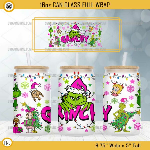 Pink Grinchy Friends Christmas 16oz Glass Can PNG