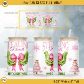 Stealing Hearts Grinch Hand Pink Bows 16oz Can Glass Full Wrap PNG