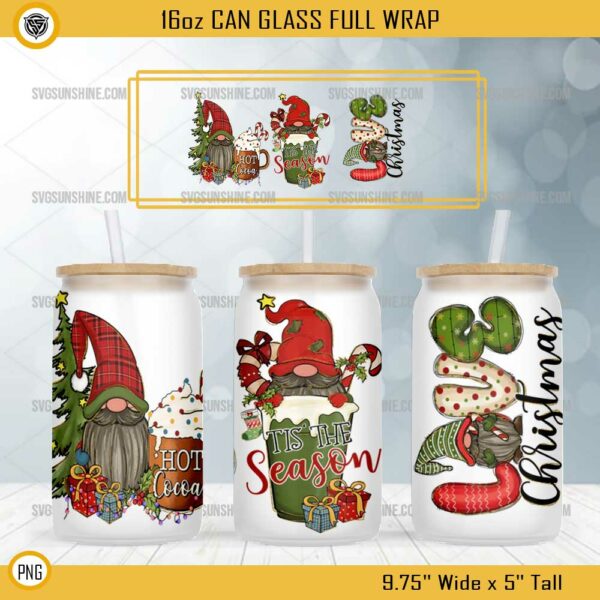 Tis The Season Christmas Hot Cocoa 16oz Glass Can PNG, Christmas Gnomes 16oz Glass Can PNG