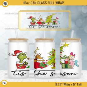 Tis The Season Grinch Friends Christmas 16oz Glass Can PNG