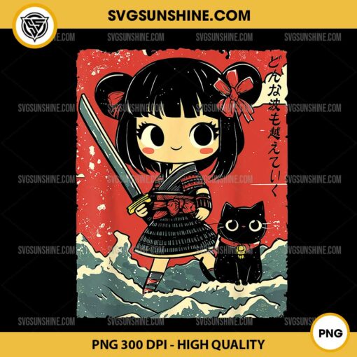 Kawaii Samurai Warrior PNG, Manga Anime Girl with Cat and Katana PNG