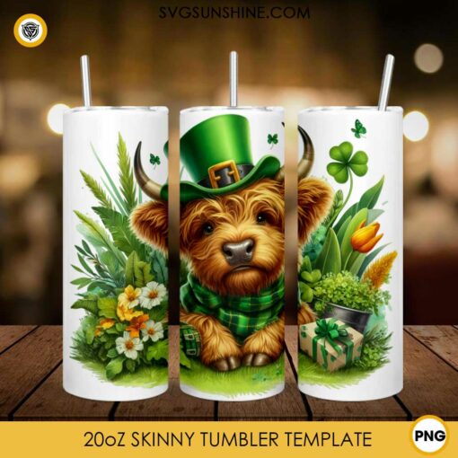 Highland Cow Floral St Patricks Day 20oz Tumbler Wrap PNG