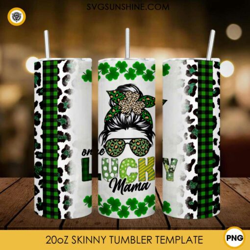 Messy Bun Lepard One Lucky Mama St Patricks Day 20oz Tumbler Wrap PNG