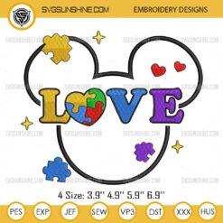 Mickey Mouse Love Autism Awareness Embroidery Design Files