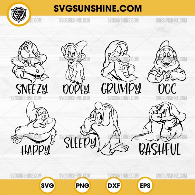 Bundle Seven Dwarfs Outline SVG, Snow White and the Seven Dwarfs SVG