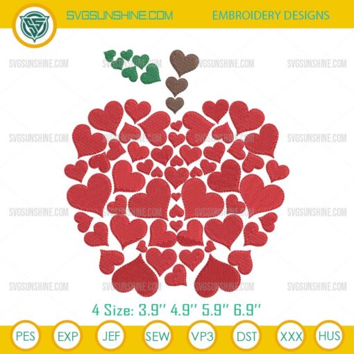 Valentine Teacher Embroidery Design, Teacher Apple Hearts Embroidery File