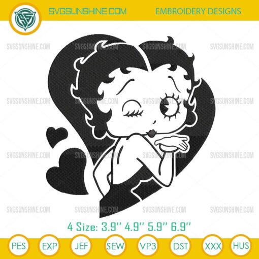 Betty Boop Embroidery Design, Betty Boop Heart Kiss Embroidery File