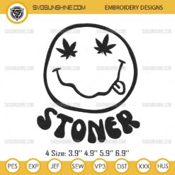 Stoner Smiley Face Embroidery Design, Weed Cannabis Marijuana Embroidery Design