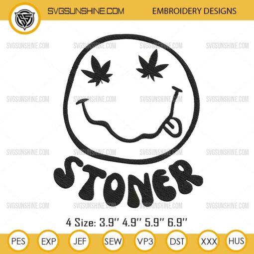 Stoner Smiley Face Embroidery Design, Weed Cannabis Marijuana Embroidery Design