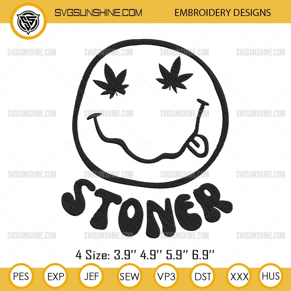 Stoner Smiley Face Embroidery Design, Weed Cannabis Marijuana Embroidery Design Stoner Smiley Face Embroidery Design, Weed Cannabis Marijuana Embroidery Design