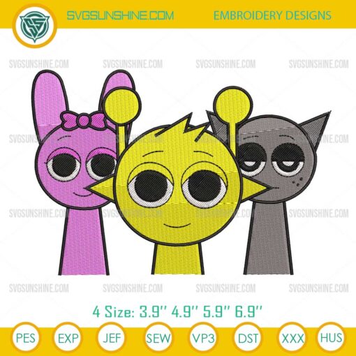 Incredibox Sprunki Embroidery Design, Yellow Simon Pink Pinki Gray Sprunki Toys Embroidery File
