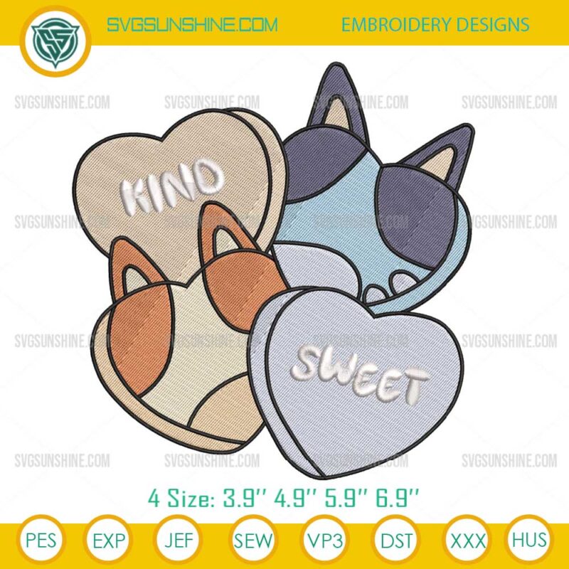 Bluey Bingo Valentines Day Embroidery Design, Bluey Hearts Embroidery File