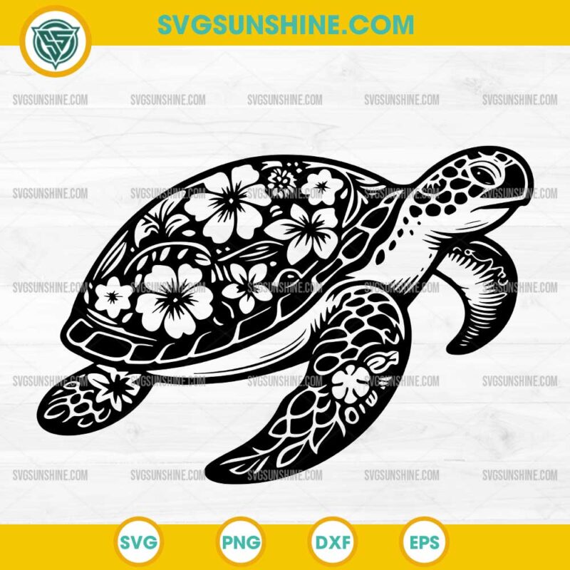 Sea Turtle Floral Beach SVG, Beach Turtle Vector Silhouette SVG