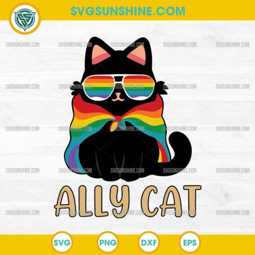 Pride Ally Cat SVG, Cat LGBTQ SVG, Cat Gay Pride Flag SVG, Cat Sunglasses Rainbow SVG