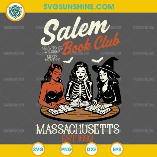 Witchy Book Club SVG, Salem Massachusetts Halloween SVG, Spooky Girl Reading SVG, Book Lover Halloween SVG