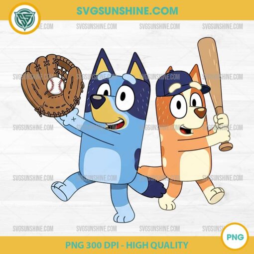 Bluey and Bingo playing baseball PNG with transparent background