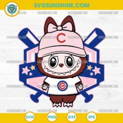 Labubu Chicago Cubs SVG in pink outfit with baseball background