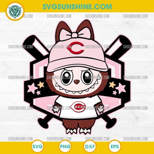 Labubu Cincinnati Reds SVG in pink baseball cap