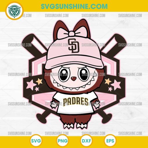 Labubu San Diego Padres SVG wearing pink cap and team shirt