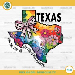 Texas Hill Country PNG with watercolor floral map and pink bow