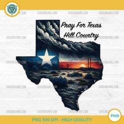 Texas storm scene PNG with flag, floodwaters, and sunset