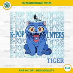 KPop Demon Hunters Blue Tiger PNG – Cute Derpy Tiger with Text Background – 300 DPI