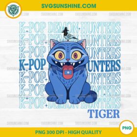 KPop Demon Hunters Blue Tiger PNG Cute Derpy Tiger With Text Background