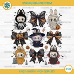 Coquette Bow Labubu Halloween PNG with Ghost, Pumpkin, Witch, and Skeleton Characters