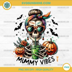 Mummy Vibes PNG Halloween Skull Mom with Pumpkins and Bats