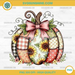 Sunflower Pumpkin PNG Rustic Patchwork Pumpkin with Bow Thanksgiving Design