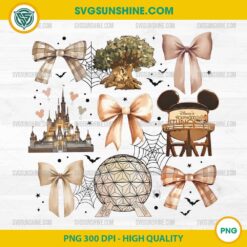 Coquette Bow Disney Fall Halloween PNG with Castle, Epcot, Tree of Life, Hollywood Studios, bows, bats, and spider webs