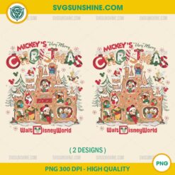Disney Mickeys Very Merry Christmas PNG with gingerbread castle design and classic Disney characters