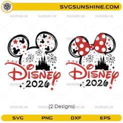Disney 2026 SVG Bundle with mouse-ear designs, castle silhouette, and fireworks