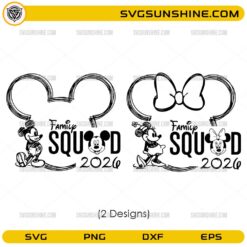 Disney Family Squad 2026 SVG with mouse-ear outlines and family group designs